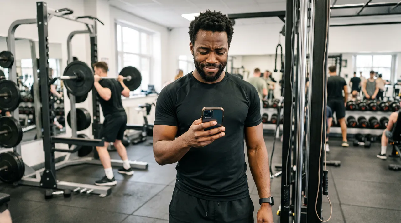 Personal trainer checking a phone full of unpaid coaching questions at the gym