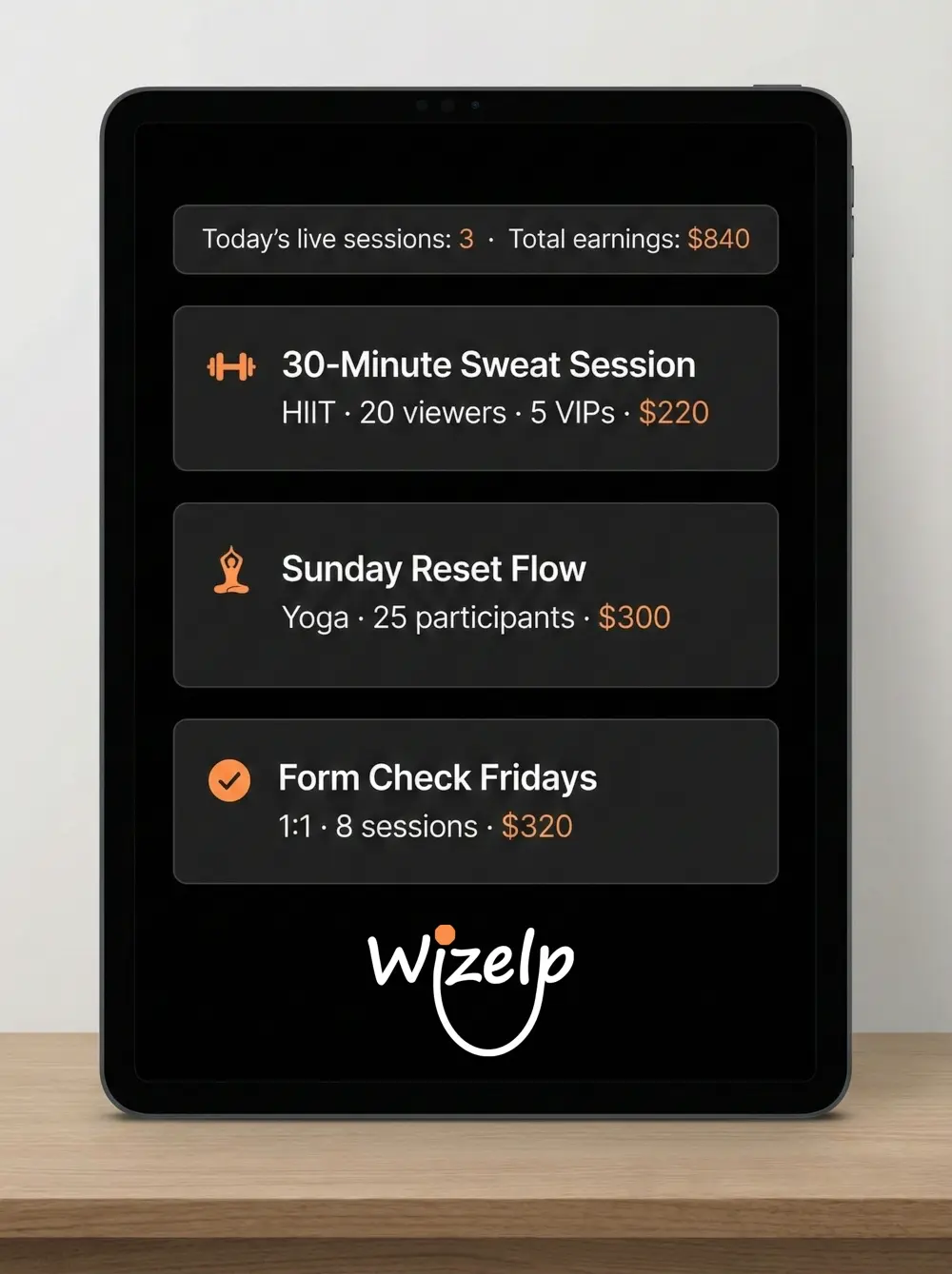 Wizelp dashboard showing earnings and bookings for a fitness coach