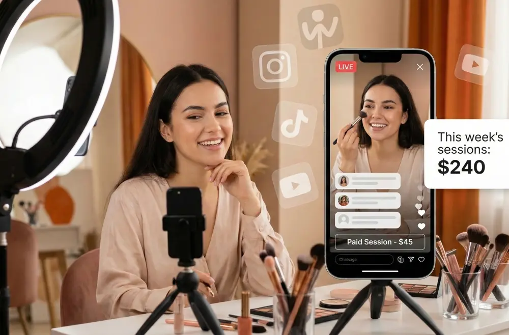 Beauty creator hosting a paid live session on her phone, with social media icons and earnings overlay