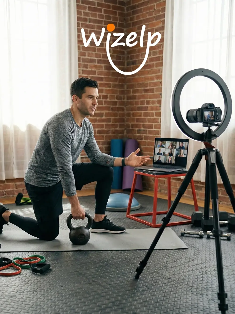 Fitness coach running a paid live session with clients on screen