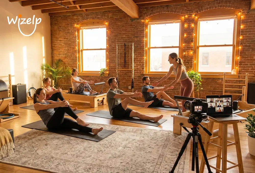 Personal trainer running a live online workout with clients on screen