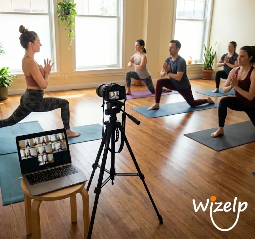 Fitness creator teaching yoga class